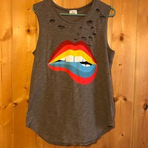 Rainbow Lips Distressed Tank